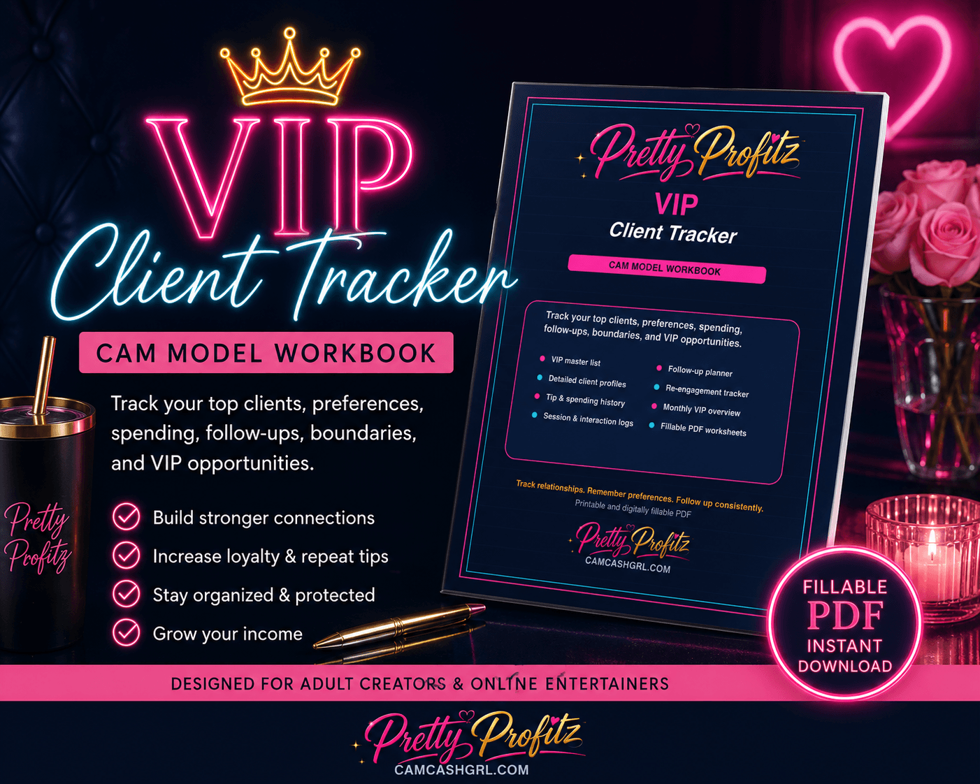 VIP Client Tracker — fillable PDF workbook for tracking top cam model clients, tips, and follow-ups